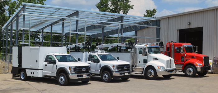 Service Trucks, Ford F550, Peterbilt 337 IMT Cranes, Boss Compressors