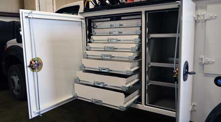 IMT Toolbox, White, Powdercoat Locking installed in Service Truck.