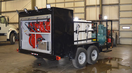 open style lube trailer, tandem axle black work lights poly tanks pumps air compressor enclosed reel compartment